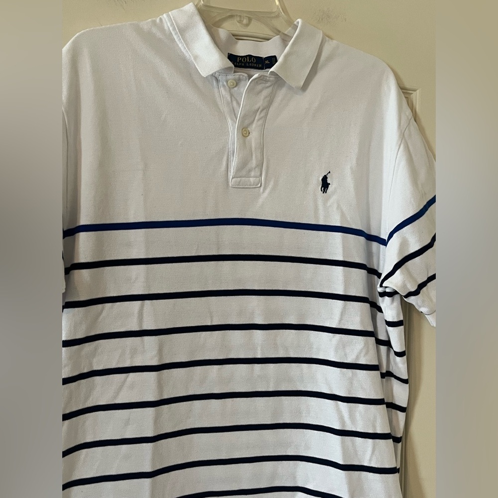 Men's Polo Ralph Lauren White and Blue Striped Short Sleeve Polo Shirt Size XL - Picture 10 of 16